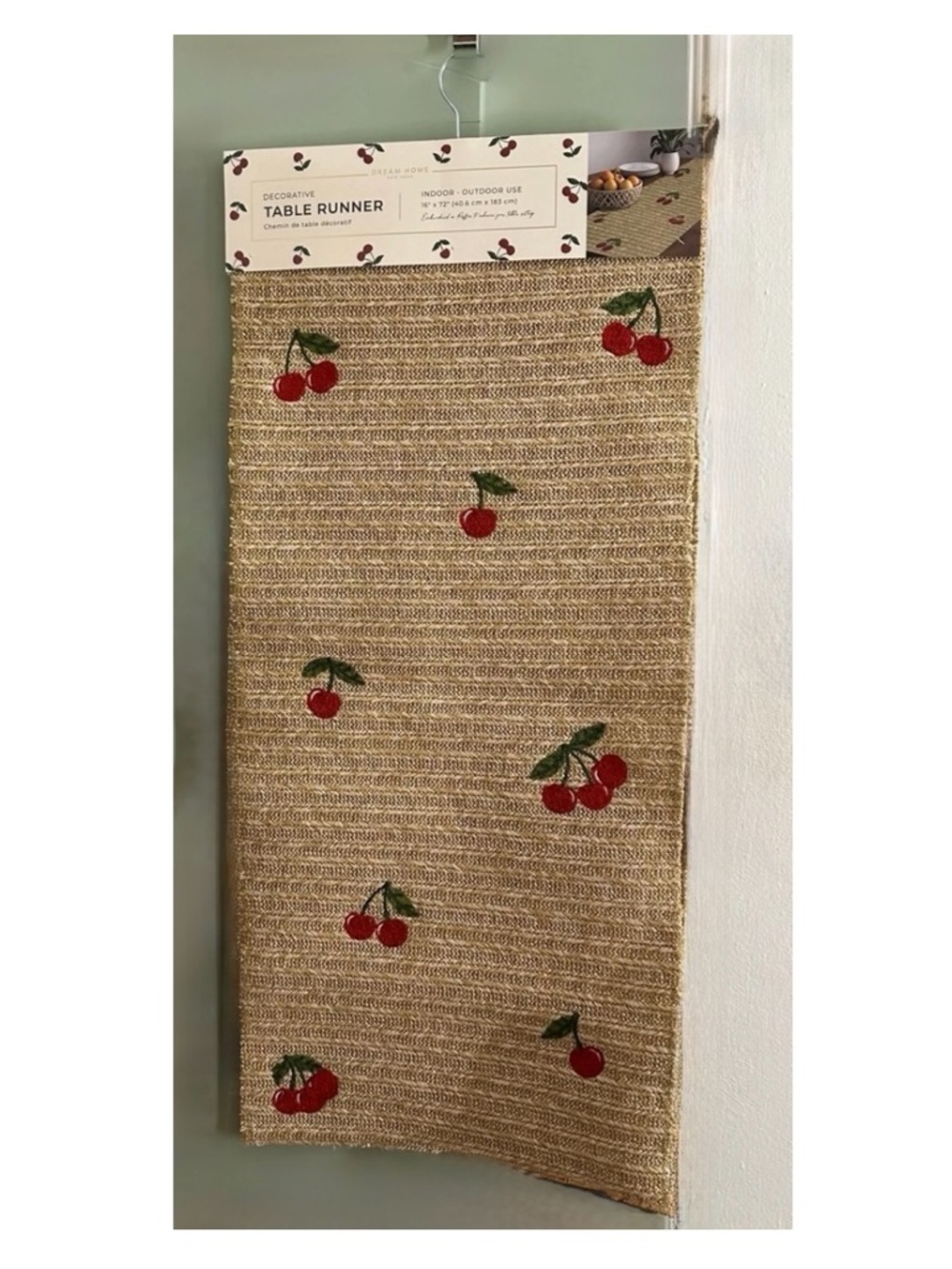 Cherry nwt Embroidered Natural Jute Table Runner indoor outdoor use 16 x 72